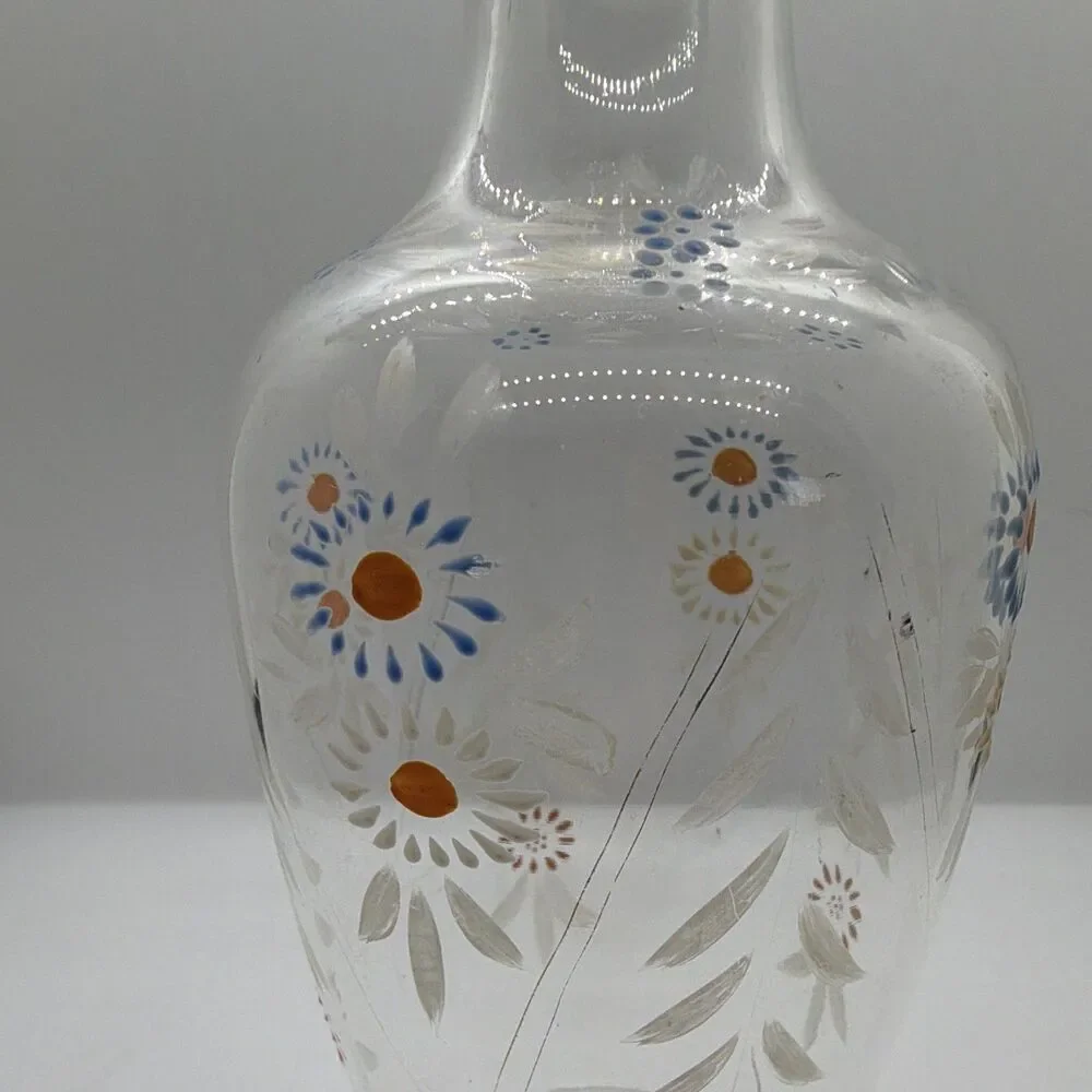 Vintage Handpainted  Floral Clear Glass Decanter Set w/ Lid/Stopper, 2pc